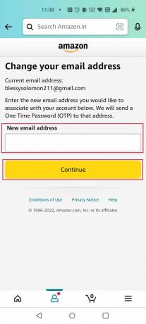 Unesite novu adresu e-pošte i dodirnite Nastavi | Kako izbrisati svoj Amazon račun