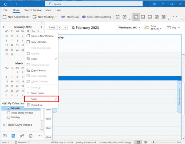 Desnom tipkom miša kliknite kalendar i odaberite opciju Dijeli. Outlook grupni kalendar u odnosu na zajednički kalendar: što koristiti?