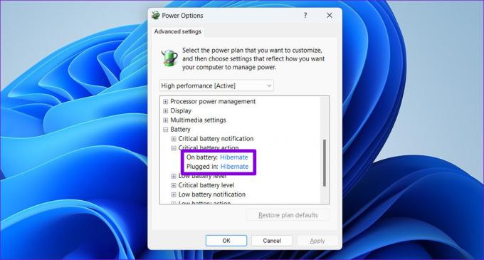 Definir ação crítica da bateria no Windows 11