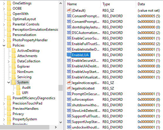 Naviger til HKEY_LOCAL_MACHINE - SOFTWARE - Microsoft - Windows - CurrentVersion - Politikker - System og finn EnableLUA