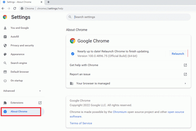 Klicka på fliken Om Chrome under avsnittet Avancerat