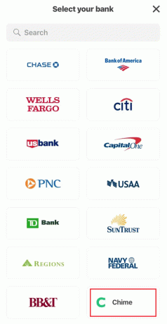 Selectați Chime din opțiunile bancare disponibile | 