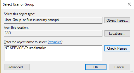 Skriv NT SERVICE TrustedInstaller och klicka på Kontrollera namn