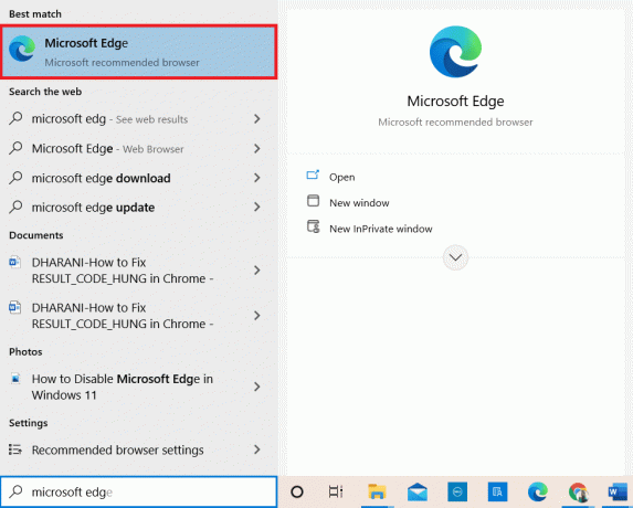 „Windows“ paieškos juostoje įveskite „Microsoft Edge“ ir atidarykite | RESULT_CODE_HUNG
