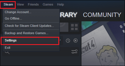 Ahora, seleccione Configuración de la lista desplegable | Cómo reparar el error de carga de la aplicación Steam 3: 0000065432