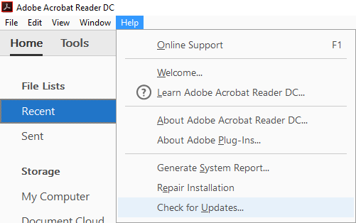 klik på Hjælp og vælg derefter Søg efter opdateringer i Adobe Reader-menuen