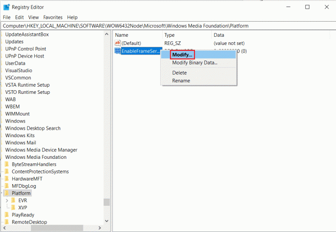 clique com o botão direito do mouse em enableframeservermode e selecione a opção de modificação no editor de registro de reprodução. Corrigir o erro 0xa00f4244 Nenhuma câmera anexada