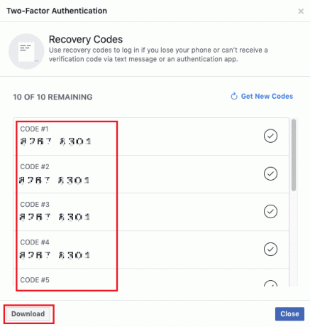 आपको पॉपअप में रिकवरी कोड की सूची दिखाई देगी। आप अपने डिवाइस पर सभी कोड को सेव करने के लिए डाउनलोड पर क्लिक कर सकते हैं