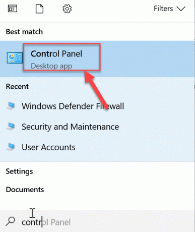 Vyhľadajte ovládací panel pomocou vyhľadávania systému Windows