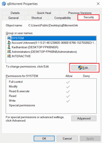 Vá para a guia Segurança e selecione Editar. Corrigir o erro Qbittorrent IO no Windows 10