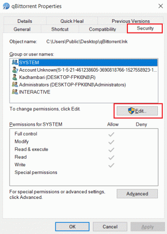 Accédez à l'onglet Sécurité et sélectionnez Modifier. Correction de l'erreur Qbittorrent IO dans Windows 10