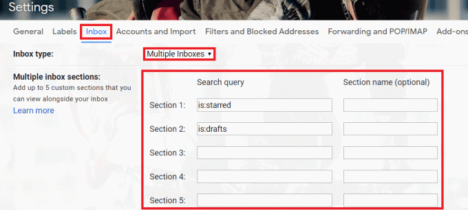'इनबॉक्स' टैब पर क्लिक करें और फिर 'इनबॉक्स प्रकार' विकल्प में एकाधिक इनबॉक्स विकल्प चुनें