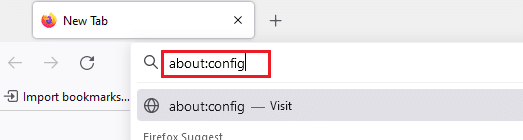 Firefox'u açın ve adres çubuğuna about config yazın. 