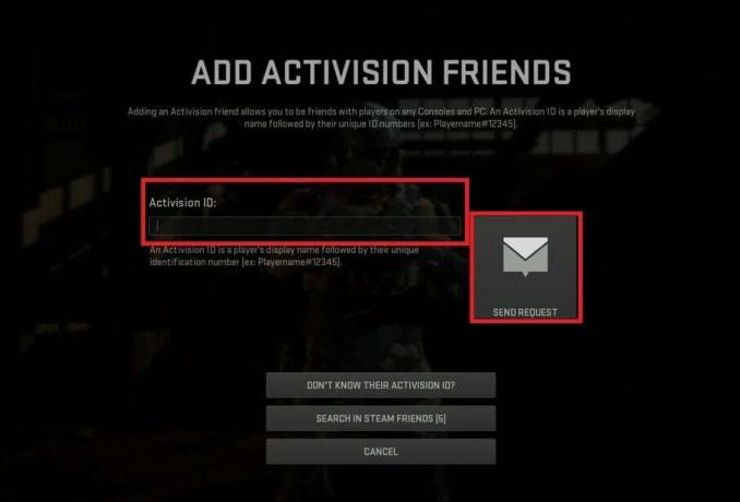 Geben Sie Ihre Activision-ID ein und klicken Sie auf ANFRAGE SENDEN. | Modern Warfare 2 Einladung zur Party gesperrt