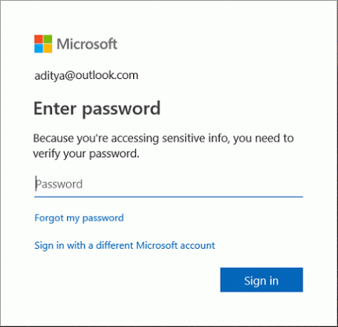 Előfordulhat, hogy igazolnia kell fiókja jelszavát a Microsoft-fiók jelszavának begépelésével