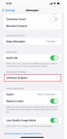 Scrollen Sie nun nach unten und tippen Sie auf Unbekannt & Spam | iOS 15-Benachrichtigungston funktioniert nicht