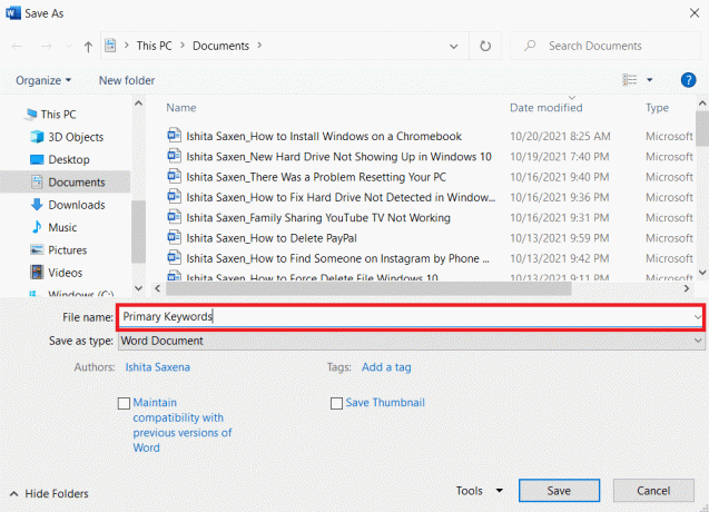 Compila il campo Nome file con un nome appropriato.