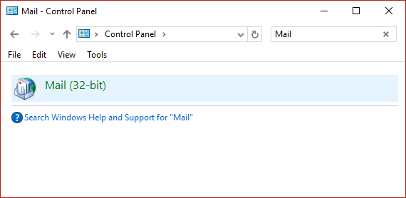 Въведете Mail в търсене в контролния панел, след което щракнете върху Mail (32-bit) | Поправка Не можете да отворите вашите имейл папки по подразбиране. Информационният магазин не можа да бъде отворен