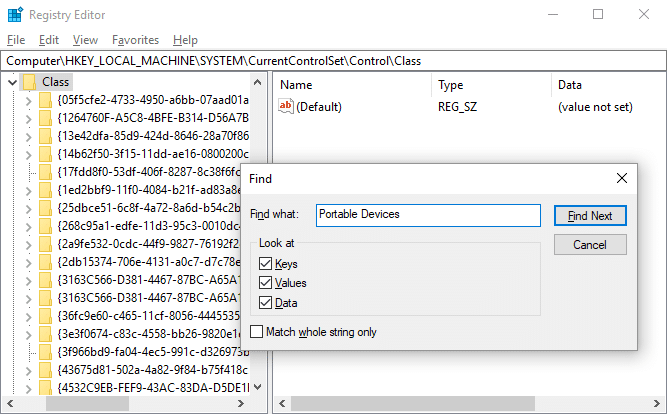 Paina Ctrl + F, kirjoita Portable Device ja napsauta Etsi seuraava