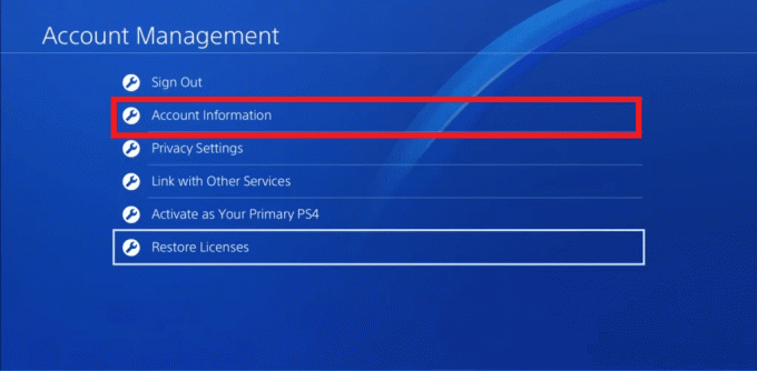 izberite Informacije o računu ps4