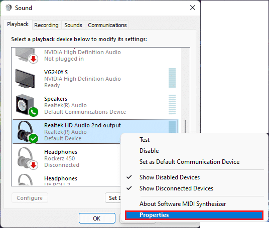 Klicken Sie mit der rechten Maustaste auf das Realtek HD-Audiogerät und wählen Sie Eigenschaften auf der Registerkarte Soundwiedergabe in Windows 11
