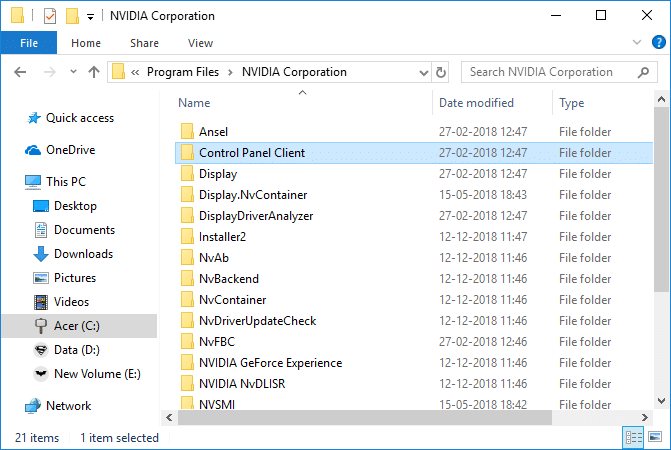 Noklikšķiniet uz pogas Atpakaļ, lai pārietu uz NVIDIA Corporation mapi | Labojiet operētājsistēmā Windows 10 trūkstošo NVIDIA vadības paneli
