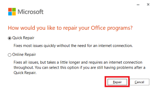 Klicken Sie auf Reparieren und dann auf Weiter. Beheben Sie den stdole32.tlb-Fehler in Windows 10