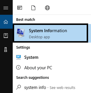 „Windows“ paieškos juostoje įveskite sistemos informaciją