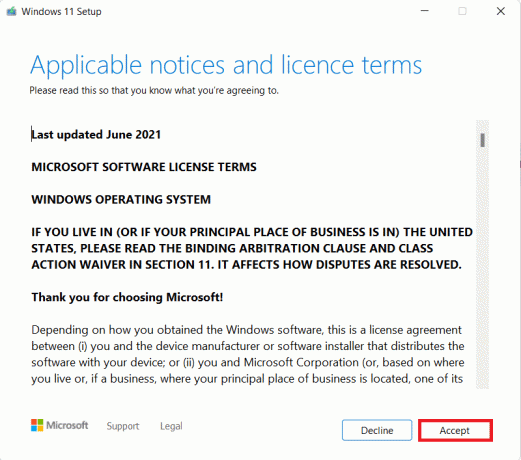 Klicken Sie im Windows 11-Setup-Fenster auf Akzeptieren. So beheben Sie den Update-Fehler 0x800f0988 in Windows 11