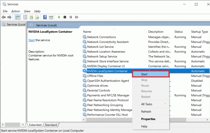 एनवीडिया सेवा पर राइट-क्लिक करें और स्टार्ट चुनें