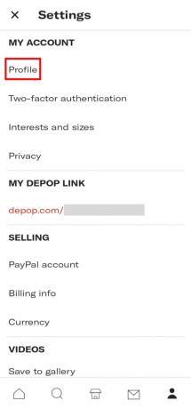 En la sección Configuración, toca la opción Perfil. | ¿Qué sucede cuando elimina su cuenta de Depop?