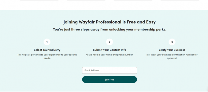 Verifikasi bisnis Anda dengan memasukkan nomor identifikasi bisnis Anda untuk konfirmasi. | batalkan Wayfair Pro