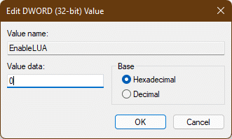 Írja be a 0 értéket a felhasználói fiókok felügyeletének letiltásához a Duplaszó-érték szerkesztése ablakban Windows 11 rendszerben