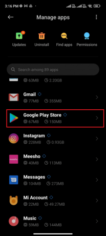 tryck på Hantera appar följt av Google Play Butik 