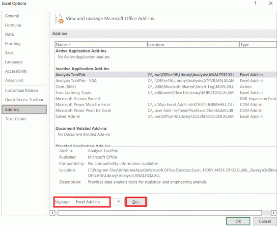 spustelėkite eiti.. šalia „Excel“ priedų apačioje esančioje juostoje „Tvarkyti“. 