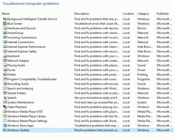 válassza ki a Windows frissítést a számítógépes problémák hibaelhárítása közül