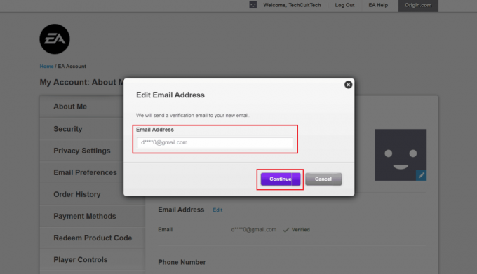 Inserisci il nuovo indirizzo e-mail nel campo indicato e fai clic su Continua