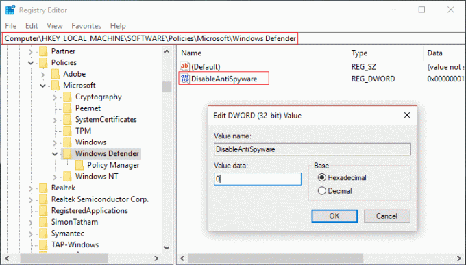 הגדר את הערך של DisableAntiSpyware תחת Windows Defender ל-0 כדי להפעיל אותו