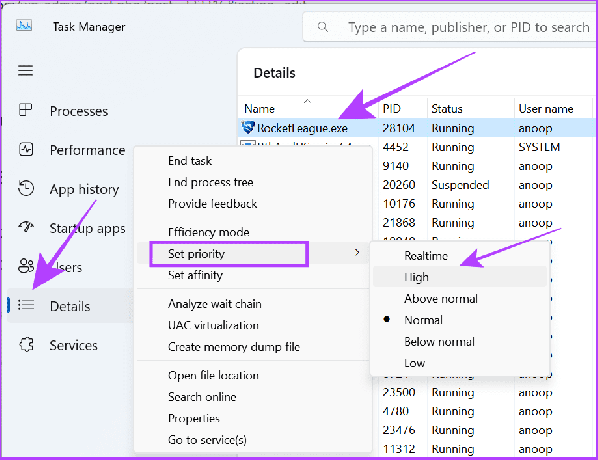 escolha padrão, selecione Rocket League e altere 1