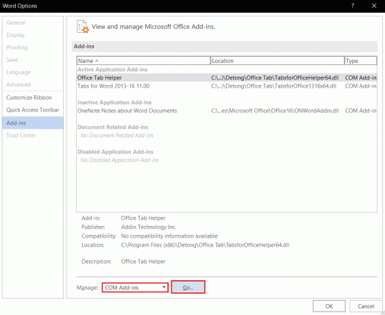 selectați COM Add ins și faceți clic pe Go în Microsoft Word Safe Mode Addins Options. Remediați eroarea de permisiune a fișierului Word în Windows 10