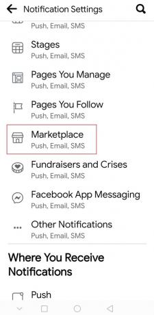 trykk på Marketplace-alternativet i varslingsinnstillinger på Facebook Android-appen