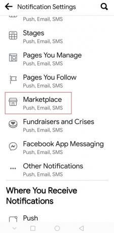 puudutage Facebooki Androidi rakenduse teavitusseadetes valikut Marketplace