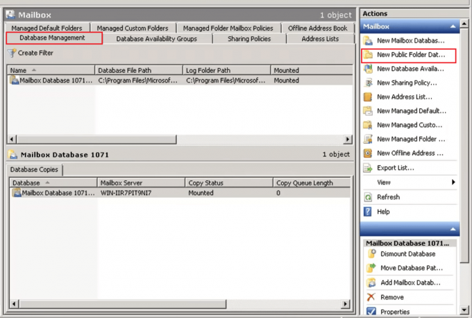 klikněte na novou databázi veřejných složek v uzlu Database Management Mailbox v konzole Exchange Management
