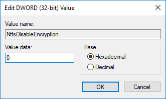 Pakeiskite NtfsDisableEncryption DWORD reikšmę į 0