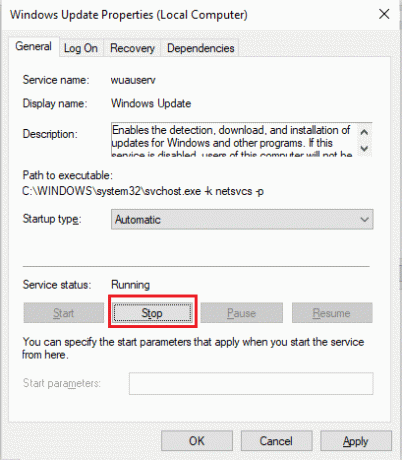 Kliknite Stop ako je status usluge U tijeku.