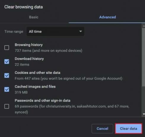 Aktivera alla objekt du vill ta bort och klicka på rensa data | Åtgärda felet för nekad åtkomst till Google Drive