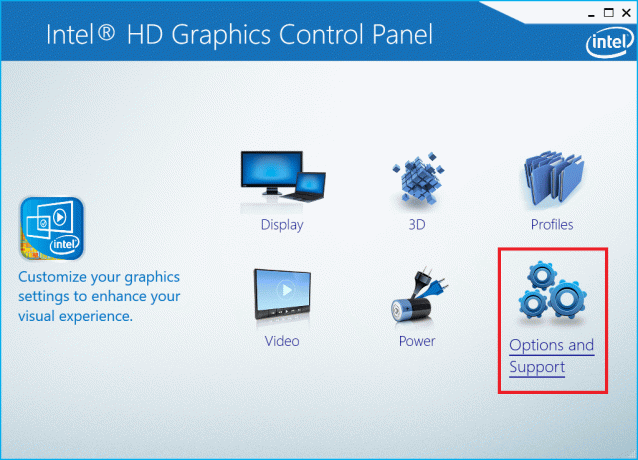 В панели управления графикой Intel выберите «Опции и поддержка».