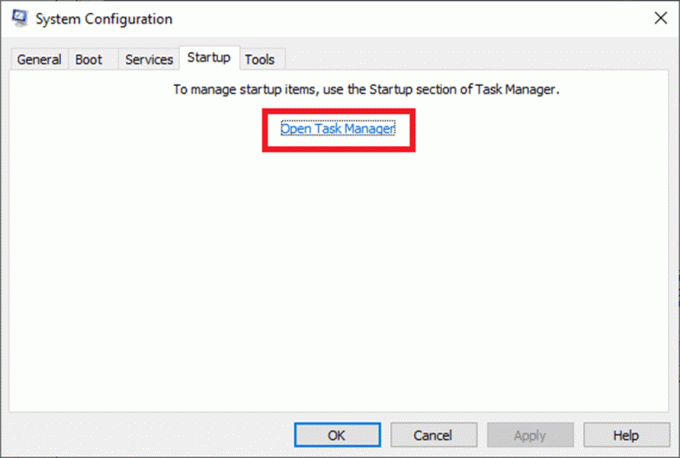 Sada se prebacite na karticu Startup i kliknite vezu na Open Task Manager | Windows 10: Kako popraviti nedostatne resurse sustava da biste dovršili pogrešku API-ja