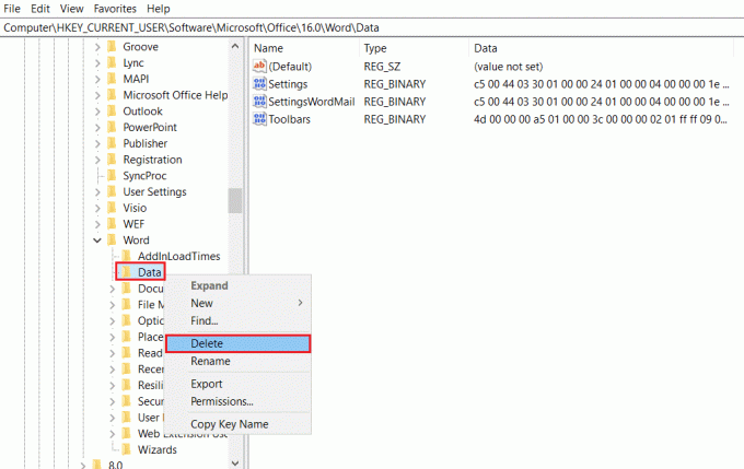 faceți clic dreapta pe Date și selectați opțiunea Ștergere în Editorul Registrului. Remediați eroarea de permisiune a fișierului Word în Windows 10