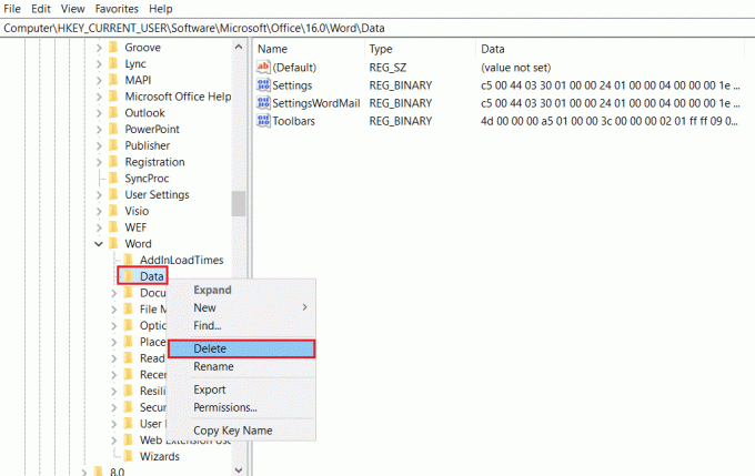 Veri'ye sağ tıklayın ve Kayıt Defteri Düzenleyicisi'nde Sil seçeneğini seçin. Windows 10'da Word Dosyası İzin Hatasını Düzeltin